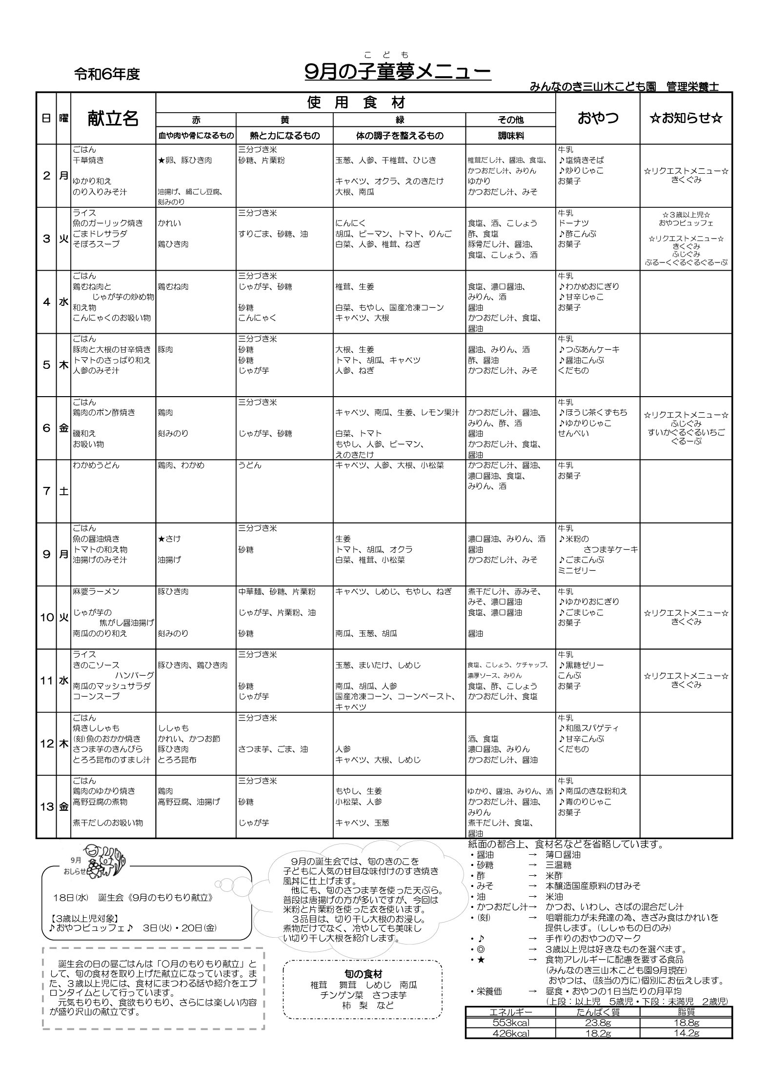 献立表　令和6年度9月　三山木版